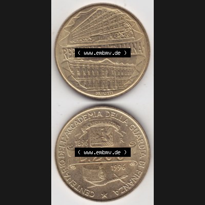 Bildmaterial von Münzen aus Italien / Italia Gedenkmünzen 1996-1996, 200 Lire Zollakademie. Vorderseite und Rückseite vertikal untereinander auf einen digitalen Bild einer... Sammlung