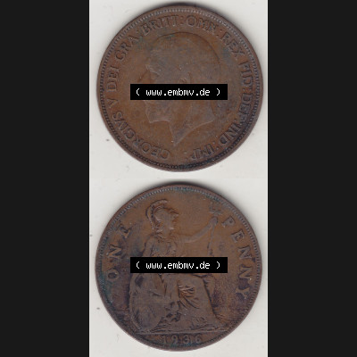 Münzen Großbritannien Umlaufmünze 1928-1936, 1 One Penny, 1936-2, George V. BM GEORGIVS V DEI GRABRITTOMNREX FIDDEFINDIMP. Vorderseite und Rückseite... Sammlung