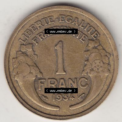 Münzen Frankreich Umlaufmünze 1931-1941, 1 Franken, 1 Franc, 1934-1 LIBERTE EGALITE FRATERNITE. Rückseite der alten französischen Umlaufmünze aus Frankreich... Sammlung