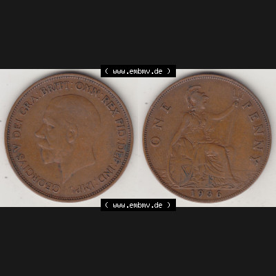 Münzen Großbritannien Umlaufmünze 1928-1936, 1 One Penny, 1936-1, George V. BM GEORGIVS V DEI GRABRITTOMNREX FIDDEFINDIMP. Vorderseite und Rückseite... Sammlung