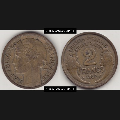 Münzen Frankreich Umlaufmünze 1931-1941, 2 Franken 1932-1 LIBERTE EGALITE FRATERNITE. Vorderseite und Rückseite horizontal auf einen digitalen Bild der alten französischen... Sammlung