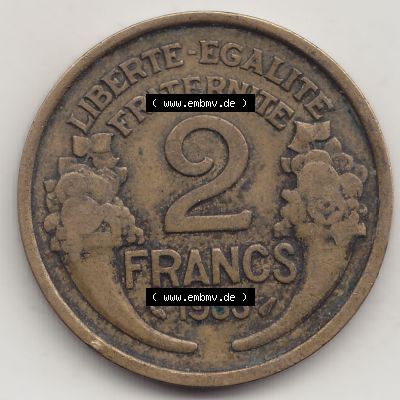 Münzen Frankreich Umlaufmünze 1931-1941, 2 Franken 1933-1 LIBERTE EGALITE FRATERNITE. Rückseite der alten französischen Umlaufmünze aus Frankreich in der Francs-Währung... Sammlung
