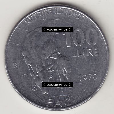 Bildmaterial von Münzen aus Italien / Italia Gedenkmünzen 1979-1979, 100 Lire, Ernährungs- und Landwirtschafts- Organisation der Vereinten Nationen-1. Rückseite... Sammlung
