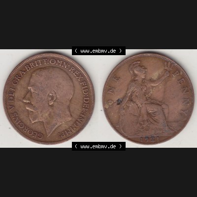 Münzen Großbritannien Umlaufmünze 1911-1926, 1 One Penny, 1921-1, George V, B.M. GEORGIVS V DEI GRABRITTOMNREX FIDDEFINDIMP. Vorderseite und... Sammlung
