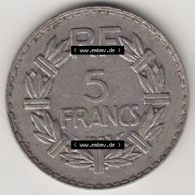 Münzen Frankreich Umlaufmünze 1933-1938, 5 Franken - Francs RF 1933. Rückseite der alten französischen Umlaufmünze aus Frankreich in der Francs-Währung zum katalogisieren... Sammlung