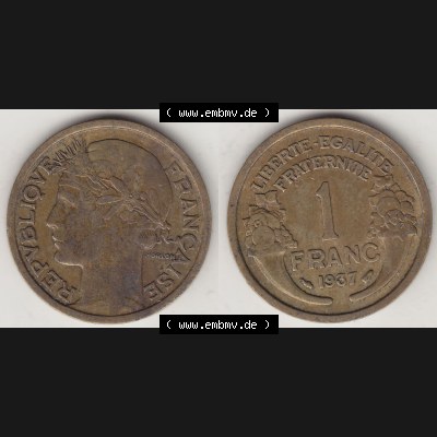 Münzen Frankreich Umlaufmünze 1931-1941, 1 Franken, 1 Franc, 1937-1 LIBERTE EGALITE FRATERNITE. Vorderseite und Rückseite horizontal auf einen digitalen Bild der... Sammlung