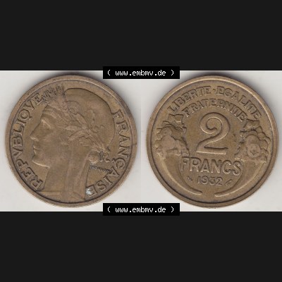 Münzen Frankreich Umlaufmünze 1931-1941, 2 Franken 1932-2 LIBERTE EGALITE FRATERNITE. Vorderseite und Rückseite horizontal auf einen digitalen Bild der alten französischen... Sammlung