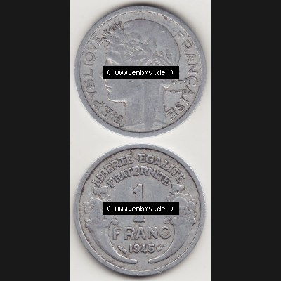 Münzen Frankreich Umlaufmünze 1941-1959, 1 Franken - Francs 1945. Vorderseite und Rückseite vertikal auf einen digitalen Bild der alten französischen Umlaufmünze aus... Sammlung