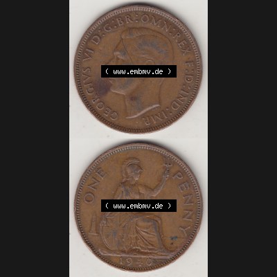 Münzen Großbritannien Umlaufmünze 1937-1948. 1 One Penny 1940-1, George VI, GEORGIVS VI DGBROMNREX FDINDIMP. HP. Vorderseite und Rückseite vertikal... Sammlung