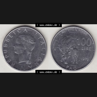 Bildmaterial von Münzen aus Italien / Italia Gedenkmünzen 1979-1979, 100 Lire, Ernährungs- und Landwirtschafts- Organisation der Vereinten Nationen-2. Vorderseite... Sammlung