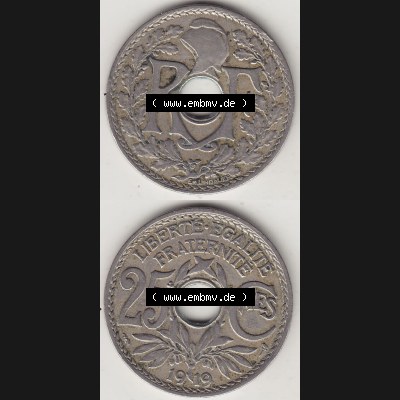 Münzen Frankreich Umlaufmünze 1917-1937, 25 Cmes, Centimes 1919-1 LIBERTE EGALITE FRATERNITE. Vorderseite und Rückseite vertikal auf einen digitalen Bild der alten französischen... Sammlung