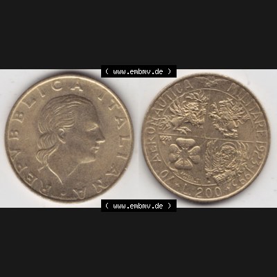Bildmaterial von Münzen aus Italien / Italia Gedenkmünzen 1993-1993, 200 Lire Militärischen Luftfahrt. Vorderseite und Rückseite horizontal auf einen digitalen Bild... Sammlung