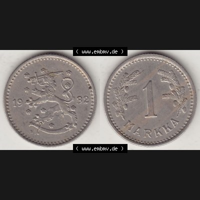 Alte Münzen KMS Finnland, Kursmünzensatz 1928-1940, 1 finnische Mark, Markka 1932. Digitales Bild / Bildmaterial mit Vorderseite und Rückseite einer Münze... Sammlung