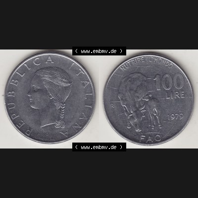 Bildmaterial von Münzen aus Italien / Italia Gedenkmünzen 1979-1979, 100 Lire, Ernährungs- und Landwirtschafts- Organisation der Vereinten Nationen-1. Vorderseite... Sammlung