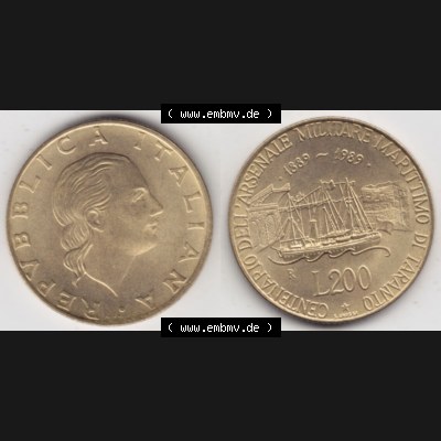 Bildmaterial von Münzen aus Italien / Italia Gedenkmünzen 1989-1989, 200 Lire Marinebasis Tarent. Vorderseite und Rückseite horizontal auf einen digitalen Bild einer alten... Sammlung