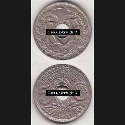 Alte Münzen KMS Frankreich, aus Kursmünzensatz-Zusammenstellung der Jahre 1917-1952, mit der Münze 1920-1938, 5 Cmes, Centimes 1937-1. Vorderseite und Rückseite... Sammlung