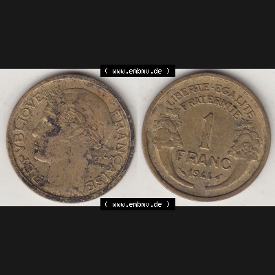 Münzen Frankreich Umlaufmünze 1931-1941, 1 Franken, 1 Franc, 1941-1 LIBERTE EGALITE FRATERNITE. Vorderseite und Rückseite horizontal auf einen digitalen Bild der... Sammlung