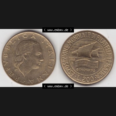 Bildmaterial von Münzen aus Italien / Italia Gedenkmünzen 1992-1992, 200 Lire Briefmarkenausstellung in Genua. Vorderseite und Rückseite horizontal auf einen digitalen Bild... Sammlung