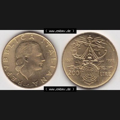 Bildmaterial von Münzen aus Italien / Italia Gedenkmünzen 1997-1997, 200 Lire Italienische Meeresliga. Vorderseite und Rückseite horizontal auf einen digitalen Bild einer... Sammlung