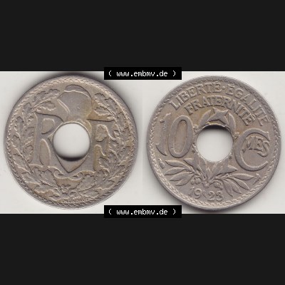 Münzen Frankreich Umlaufmünze 1917-1938, 10 Centimes - Cmes 1923. Vorderseite und Rückseite horizontal auf einen digitalen Bild der alten französischen Umlaufmünze... Sammlung