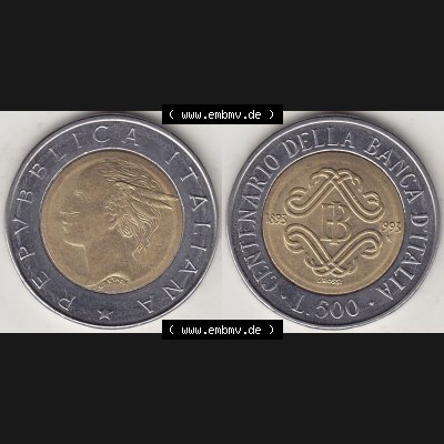 Bildmaterial von Münzen aus Italien / Italia Gedenkmünzen 1993-1993, 500 Lire, 100 Jahre Bank von Italien (1893-1993), CENTENARIO DELLA BANCA DITALIA GROSSI.... Sammlung