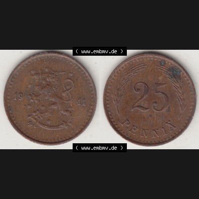 Alte Münzen KMS Finnland, Kursmünzensatz 1940-1943, 25 Penny, Penniä Kupfer 1941-1. Digitales Bild / Bildmaterial mit Vorderseite und Rückseite einer Münze... Sammlung