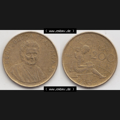 Bildmaterial von Münzen aus Italien / Italia Gedenkmünzen 1980-1980, 200 Lire FAO - Internationales Jahr der Frau. Vorderseite und Rückseite horizontal auf einen digitalen... Sammlung