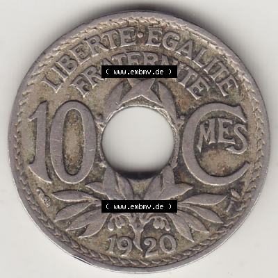 Münzen Frankreich Umlaufmünze 1917-1938, 10 Centimes - Cmes 1920. Rückseite der alten französischen Umlaufmünze 10 Cmes - Centimes - Cent aus Frankreich in der Francs-Währung... Sammlung