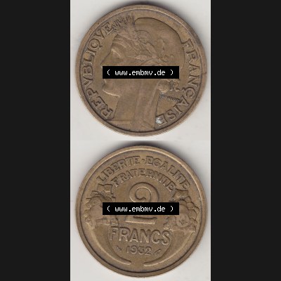 Münzen Frankreich Umlaufmünze 1931-1941, 2 Franken 1932-2 LIBERTE EGALITE FRATERNITE. Vorderseite und Rückseite vertikal auf einen digitalen Bild der alten französischen... Sammlung