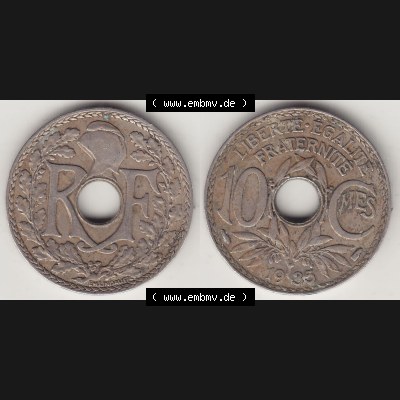 Münzen Frankreich Umlaufmünze 1917-1938, 10 Centimes - Cmes 1935-2. Vorderseite und Rückseite horizontal auf einen digitalen Bild der alten französischen Umlaufmünze... Sammlung