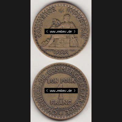 Münzen Frankreich Umlaufmünze 1922-1927, 1 Franken, BON POUR One Franc, 1922-1 CHAMBRES DE COMMERCE DE FRANCE. Vorderseite und Rückseite vertikal auf einen digitalen... Sammlung