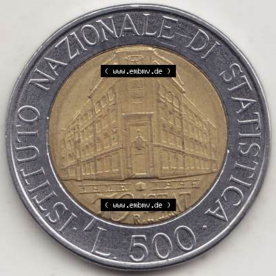 Bildmaterial von Münzen aus Italien / Italia Gedenkmünzen 1996-1996, 500 Lire, 70 Jahre Nationales Institut für Statistik (1926-1996), 70 ISTAT ISTITUTO NAZIONALE... Sammlung