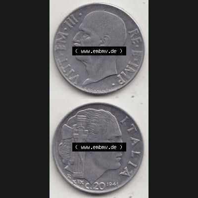 Alte Münzen KMS Italien / Italia, Kursmünzensatz - Zusammenstellung 1908-1943, mit Münze 1939-1943, 20 C. Centesimi, Cent 1941-1. Digitales Bild... Sammlung