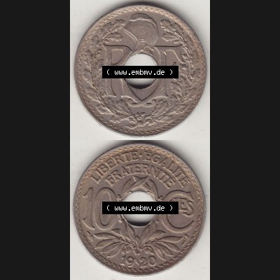 Münzen Frankreich Umlaufmünze Vollansicht 1917-1938, 10 Centimes, 10 CMES EGALITÉ FRATERNITÉ LIBERTÉ 1920-1. Vorderseite und Rückseite vertikal auf... Sammlung