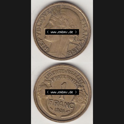 Münzen Frankreich Umlaufmünze 1931-1941, 1 Franken, 1 Franc, 1931-1 LIBERTE EGALITE FRATERNITE. Vorderseite und Rückseite vertikal auf einen digitalen Bild der alten... Sammlung
