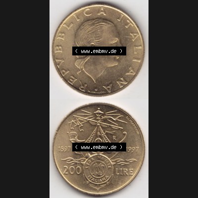 Bildmaterial von Münzen aus Italien / Italia Gedenkmünzen 1997-1997, 200 Lire Italienische Meeresliga. Vorderseite und Rückseite vertikal untereinander auf einen digitalen... Sammlung