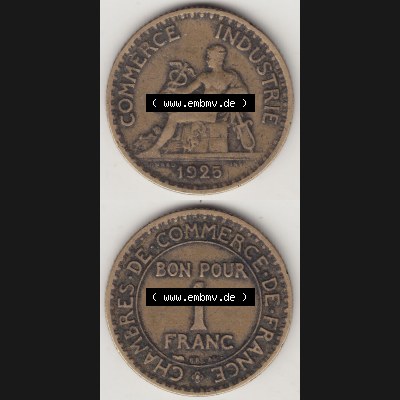 Münzen Frankreich Umlaufmünze 1920-1927, 1 Franken BON POUR 1 FRANC 1925. Vorderseite und Rückseite vertikal auf einen digitalen Bild der alten französischen Umlaufmünze... Sammlung