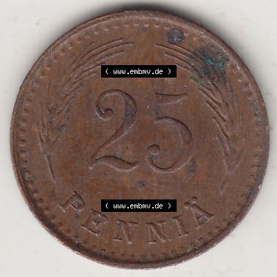 Alte Münzen KMS Finnland, Kursmünzensatz 1940-1943, 25 Penny, Penniä Kupfer 1941-1. Rückseite mit Wert-Zahl bzw. Nennwert einer Münze aus KMS /... Sammlung