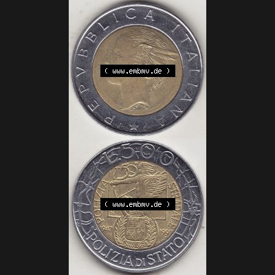 Bildmaterial von Münzen aus Italien / Italia Gedenkmünzen 1997-1997, 500 Lire, 50 Jahre Staatspolizei (1947-1997), POLIZIA DI STATO POLIZIA STRADALE R.... Sammlung