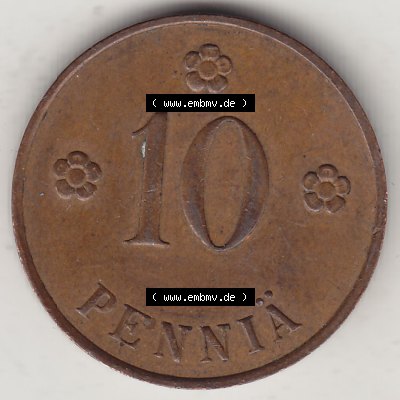 Alte Münzen KMS Finnland, Kursmünzensatz 1919-1940, 10 Penny, Penniä 1931. Rückseite mit Wert-Zahl bzw. Nennwert einer Münze aus KMS / Kursmünzen... Sammlung