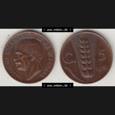 Alte Münzen KMS Italien / Italia, Kursmünzensatz - Zusammenstellung 1908-1943, mit Münze 1919-1937, 5 Centesimi, Cent, Viktor Emanuel III. A.... Sammlung