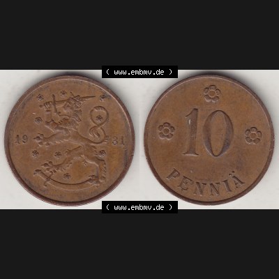 Alte Münzen KMS Finnland, Kursmünzensatz 1919-1940, 10 Penny, Penniä 1931. Digitales Bild / Bildmaterial mit Vorderseite und Rückseite einer Münze... Sammlung