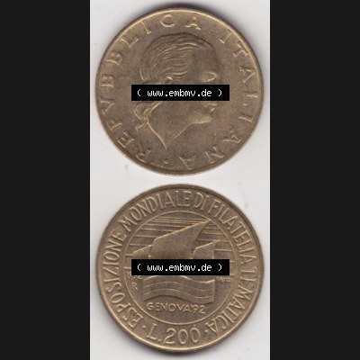 Bildmaterial von Münzen aus Italien / Italia Gedenkmünzen 1992-1992, 200 Lire Briefmarkenausstellung in Genua. Vorderseite und Rückseite vertikal untereinander auf einen... Sammlung