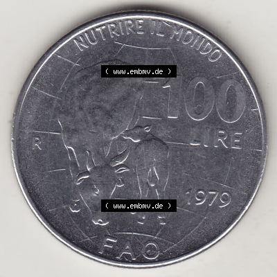 Bildmaterial von Münzen aus Italien / Italia Gedenkmünzen 1979-1979, 100 Lire, Ernährungs- und Landwirtschafts- Organisation der Vereinten Nationen-2. Rückseite... Sammlung