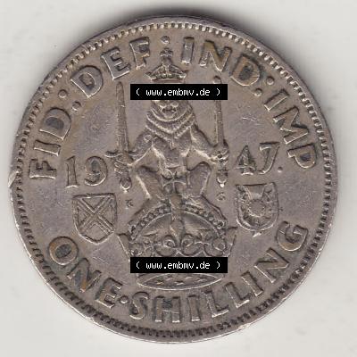 Münzen Großbritannien Umlaufmünze 1947-1948, 1 Schilling - One Shilling 1947-2 Sitzender Löwe auf Krone. Rückseite der alten britischen Münze aus Großbritannien... Sammlung
