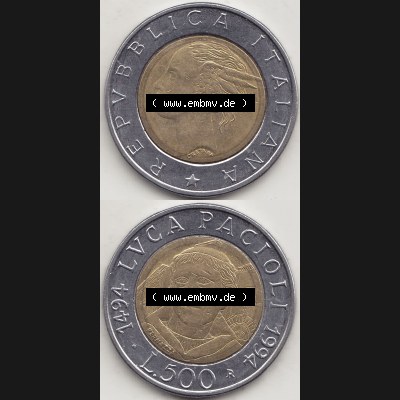 Bildmaterial von Münzen aus Italien / Italia Gedenkmünzen 1994-1994, 500 Lire, 500. Geburtstag von Luca Pacioli (1494-1994)-2. Vorderseite und Rückseite... Sammlung