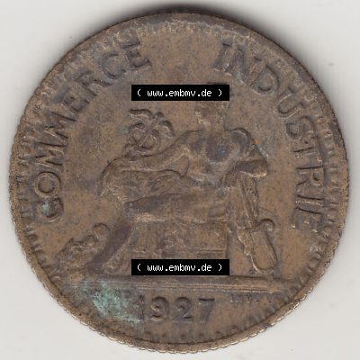 Münzen Frankreich Umlaufmünze 1920-1927, 1 Franken BON POUR 1 FRANC 1927. Vorderseite der alten französischen Umlaufmünze aus Frankreich in der Francs-Währung zum... Sammlung
