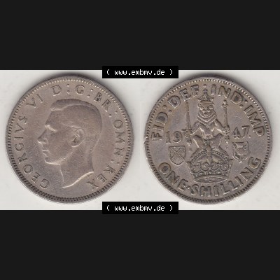 Münzen Großbritannien Umlaufmünze 1947-1948, 1 Schilling - One Shilling 1947-2 Sitzender Löwe auf Krone. Vorderseite und Rückseite horizontal auf einen digitalen... Sammlung