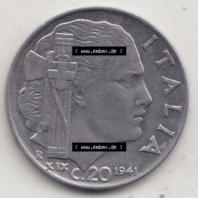 Alte Münzen KMS Italien / Italia, Kursmünzensatz - Zusammenstellung 1908-1943, mit Münze 1939-1943, 20 C. Centesimi, Cent 1941-1. Rückseite... Sammlung