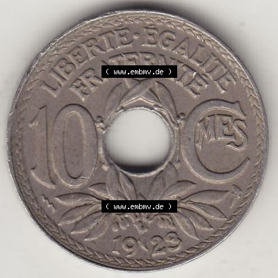 Münzen Frankreich Umlaufmünze Einzelansicht 1917-1938, 10 Centimes, RF - Frankreich 10 CMES EGALITÉ FRATERNITÉ LIBERTÉ 1923-1. Rückseite der alten... Sammlung